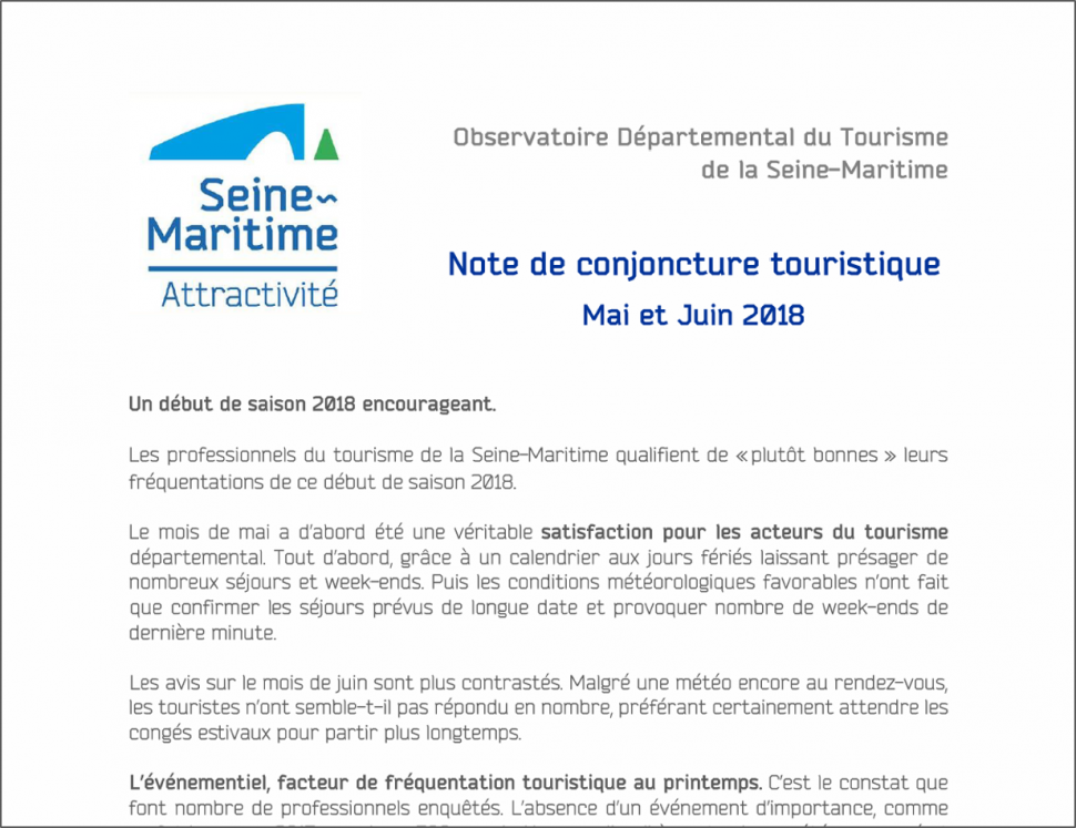 Note de conjoncture touristique mai-juin 2018 en Seine-Maritime