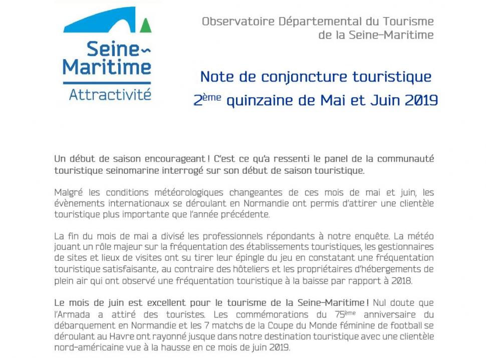 Note de conjoncture touristique 15 mai juin 2019 en Seine-Maritime Note de conjoncture touristique 15 mai juin 2019 en Seine-Maritime
